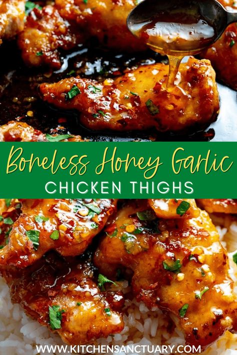 Sticky tender boneless chicken thighs in a garlic, soy and honey sauce. Minimal ingredients, simple to prepare and ready in 20 minutes! #honeygarlicchicken #honeychicken #chinesechicken #chickenthighs #garlicchicken Easy Honey Garlic Chicken, Garlic Chicken Thighs, Honey Chicken Recipe, Honey Garlic Chicken Thighs, Garlic Chicken Recipes, Boneless Chicken Thigh Recipes, Honey Sauce, Boneless Chicken Thighs, Honey Garlic Chicken