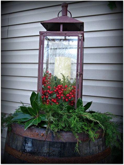 65 Amazing Christmas Lanterns For Indoors And Outdoors Whiskey Barrel Christmas Decor, Decorating Lanterns, Christmas Lantern Ideas, Outdoors Ideas, Candle Arrangements, Lantern Ideas, Christmas Lantern, Wedding Lanterns, Front Steps