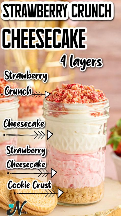 Indulge in the ultimate summer dessert with our Strawberry Crunch Cheesecake! This no-bake cheesecake features a creamy strawberry layer topped with a delightful crunch of golden Oreos and freeze-dried strawberries. Perfect for warm days, this easy-to-make treat will be a hit at any gathering. Try this irresistible strawberry crunch cheesecake recipe today! Mini Strawberry Crunch Cheesecake Bites, Cheesecake With Fruit Topping, Strawberry Crunch Desserts, Strawberry Crunch Cheesecake Cups, No Bake Strawberry Cheesecake Cups, Strawberry Crumble Cheesecake, Strawberry Cheesecake Cake Recipe, Cheesecake Dessert Cups, No Bake Cheesecake Cups