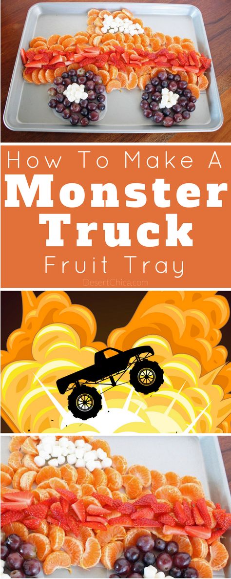 Headed to Monster Jam or having a monster truck themed party, check out this easy monster truck fruit tray. It's healthy, fun and yummy. Monster Truck Party Snack Ideas, Dump Truck Fruit Tray, Party Favors Monster Truck, Monster Jam Sheet Cake Ideas, Monster Jam Goodie Bags, Monster Truck Birthday Party Favor Ideas, Grave Digger Monster Truck Birthday Cake, Smash And Crash It’s A Monster Truck Bash, Monster Jam Party Food Ideas