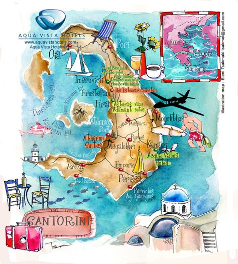 Lovely illustrated map of Santorini by Eleni Tsakmaki Santorini Map, Grecia Santorini, Montana Vacation, Greece Map, Asia Map, Santorini Island, Sailing Adventures, Art Carte, Travel Sketches