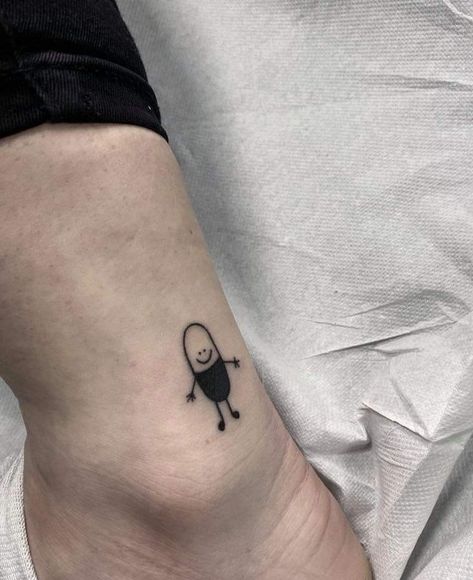 Pill Bottle Tattoo Ideas, Chill Pill Tattoo, Small Masculine Tattoos, Pill Tattoo Ideas, Small Quirky Tattoos, Small Silly Tattoos, Pill Tattoo, Ugly Tattoos, Stick Poke