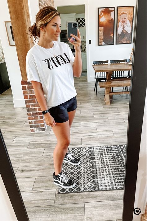 High top Vans at DSW are comfy and true to size. These lululemon shorts are the perfect length if you like a little more modesty. Oversized Levi shirt Follow my shop on the @shop.LTK app to shop this post and get my exclusive app-only content! #liketkit #LTKshoecrush #LTKunder100 #LTKstyletip @shop.ltk http://liketk.it/3o7Ow Tshirt And Athletic Shorts Outfit Casual, Vans High Tops Outfit Summer, Hi Top Vans Outfit Woman, Hightop Vans Outfit Summer, High Top Vans With Shorts, Outfits With Vans High Tops, White Vans Outfit Summer, Outfit With High Top Vans, White Vans High Tops Outfit