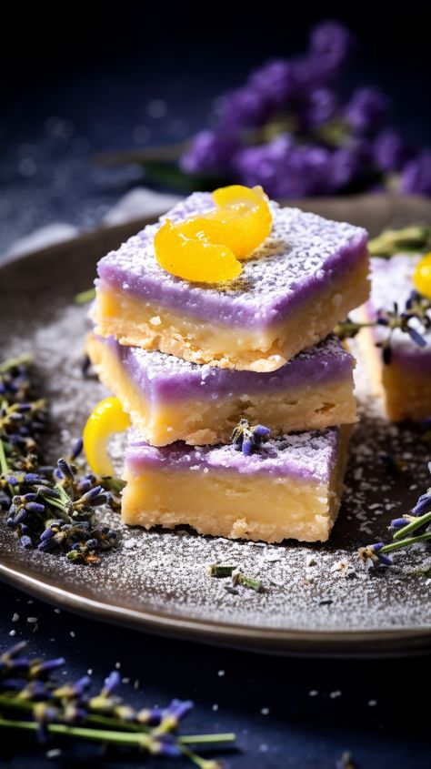 Lavender Lemon Bars [65 Minutes] – Chasety Garden Party Treats, Lavender Dessert Recipes, Floral Desserts, Lavender Lemon Bars, Lost Apothecary, Work Desserts, Lavender Dessert, Lavender Party, Garden Lily