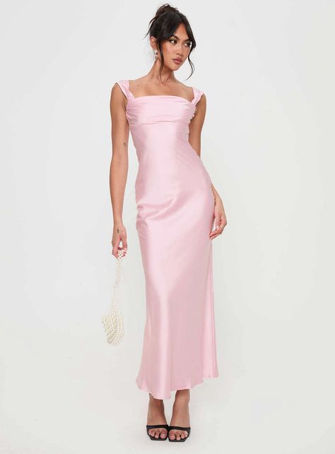 Azura Off The Shoulder Maxi Dress Pink Silk Dress Midi Classy, Birthday Dresses Light Pink, Long Satin Pink Dress, Pink Hoco Dress Midi, Pink Dress For Sweet 16, Light Pink Long Dresses, Pink Dress Wedding Guest Outfit Ideas, Pink Bridesmaid Dresses Silk, Aesthetic Pink Prom Dress