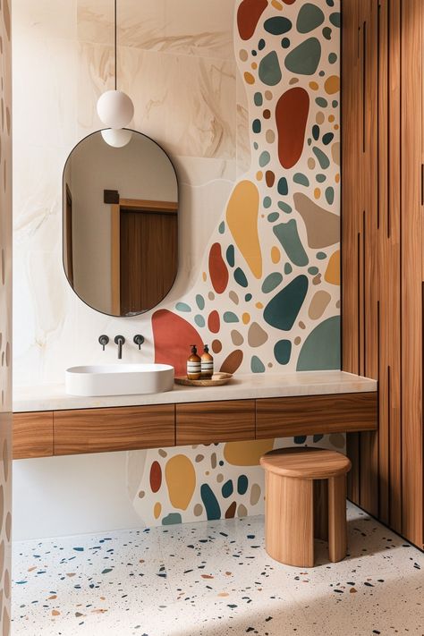 15 Tips for a Mid-Century Modern Bathroom: Embrace Retro Elegance – Everyday Inspo Bathroom Mid Century Modern, Bathroom Mid Century, Wallpaper Decor Ideas, Wallpaper Mirror, Eclectic Bathroom Design, Mirror Mid Century, Bathroom Ideas 2024, Artistic Bathroom, Practical Bathroom