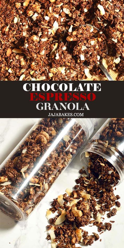 Coffee Granola Recipe, Granola Combinations, Granola Flavor Ideas, Granola Flavors, Coffee Ground Granola, Healthy Chocolate Granola Recipe, Chunky Granola Recipe, Coffee Granola, Chocolate Espresso Granola