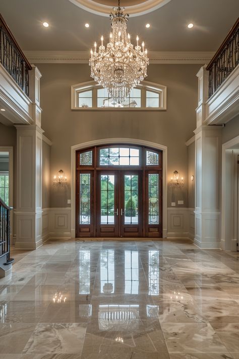 13 Foyer Chandeliers To Dazzle - DreamyHomeStyle Foyer House Design, Grand Foyer Staircase, Long Chandelier High Ceilings Entryway, Two Staircases Entryway, Elegant Foyer Ideas Entryway, Long Foyer Ideas Entryway, White Foyer Entryway, Luxury Foyer Entrance, Long Foyer