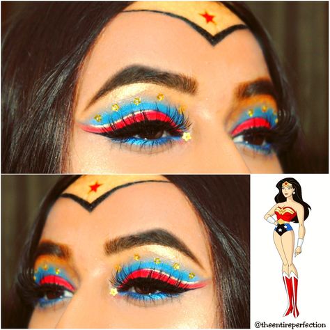 Wonder Woman (DC Comics) Inspired Makeup Wonder Women Makeup Ideas, Superhero Inspired Makeup, Super Woman Makeup Halloween, Hero Makeup Ideas, Wonder Woman Eye Makeup, Wonder Woman Costume Makeup, Superwoman Makeup Halloween, Wonder Woman Makeup Tutorial, Wonderwomen Makeup