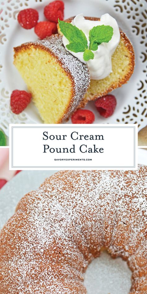 Sour cream makes this pound cake extra moist and buttery. Easy to make and serves up to 12- perfect for parties. Pair with sauce or fresh fruit. Fabulous Desserts, Classic Old Fashioned, Glaze For Cake, Sour Cream Pound Cake, Chilled Desserts, Vanilla Flavor, Easy No Bake Desserts, Fudge Sauce, Homemade Whipped Cream