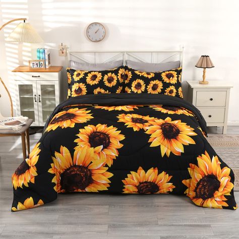 PRICES MAY VARY. SUNFLOWER GIFTS DESIGN: Sunflower bedding set is designed as sunflower bedroom decor for your bedroom and relieve pressure points and support your body for a more comfortable sleep. Perfect gift for sunflower lovers. REMIUM MATERIAL: We have chosen premium material of cotton&tencel, super breathable, soft and cosy. What make it special: tencel, different from polyester, is environmental as soft as cotton and easier to absorb sweat, no shrink. SUNFLOWER BEDDING FULL SIZE: 1 comfo Sunflower Comforter, Sunflower Bedroom Decor, Sunflower Bedroom, Black Comforter Sets, Bedding Comforter Sets, Full Size Comforter Sets, Black Bed Set, Butterfly Bedding Set