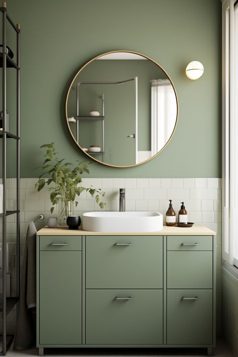 Green Bathroom Colors, Green Bathroom Paint, Light Green Bathrooms, Bathroom Feature Wall, Dark Green Bathrooms, Small Bathroom Paint, Green Tile Bathroom, Green Bathroom Decor, Small Bathroom Colors