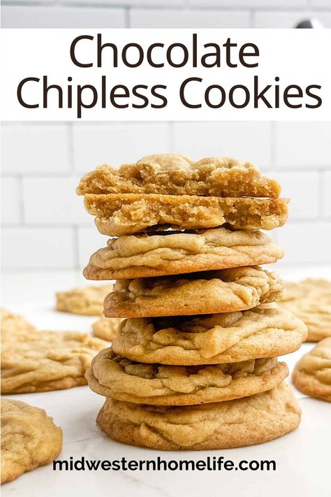 Chipless Chocolate Chip Cookies are soft and chewy cookies with all the buttery, brown sugar flavor of classic chocolate chip cookies -- without the chocolate chips. Chocolate Chipless Cookies Recipe, Chipless Chocolate Chip Cookie, Chocolate Chipless Cookie, Chocolate Chipless Cookie Recipe, Chipless Cookies, Cooking Chickpeas, Midwestern Home, Red Velvet Cake Mix Cookies, Chocolate Covered Marshmallow