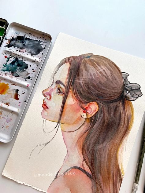 Watercolor Girl Portrait, Original Hand-painted Art, Home Decor, Original Painting - Etsy Ukraine Watercolor Portrait Tutorial, Acrylic Portrait Painting, Watercolor Art Face, Watercolor Face, Watercolor Girl, Indie Drawings, Art Photography Portrait, Watercolor Subjects, Drawing Faces