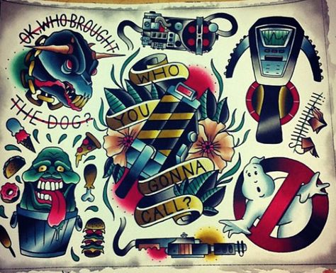 Ghostbusters flash sheet watercolor painting by, Swarm Ghostbusters Tattoo Flash, Ghostbusters Tattoo Ideas, Ghostbusters Tattoo, Cheese Flowers, Traditional Tattoo Flash Sheets, Movie Tattoo, Movie Tattoos, Geek Tattoo, Flash Sheet