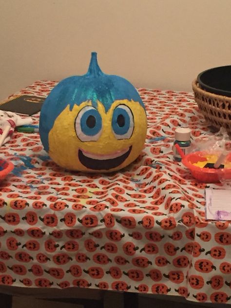 Inside Out Joy No Carve Pumpkin Inside Out Pumpkin, Inside Out Joy, Story Book Pumpkin, No Carve Pumpkin, Character Pumpkins, Disney Coco, Pumpkin Books, Cute Group Halloween Costumes, Pumpkin Carving Patterns