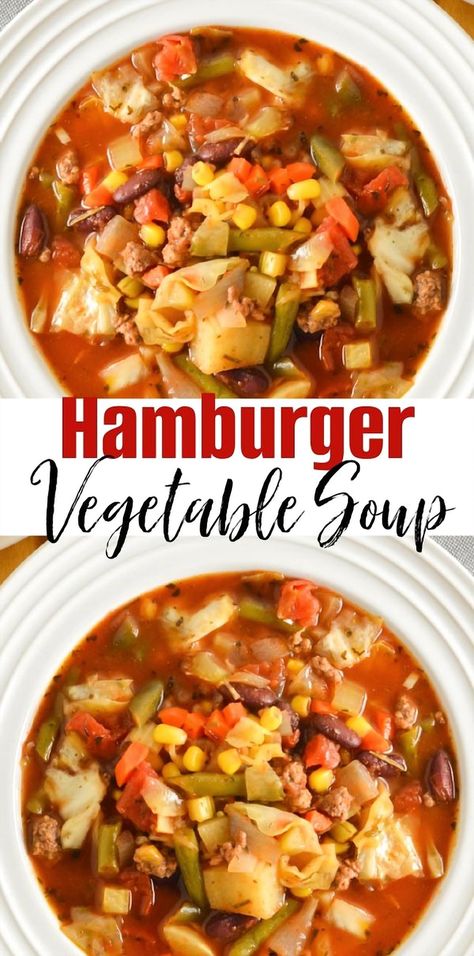 Savor the warmth of Hamburger Vegetable Soup, a comforting and simple recipe perfect for cozy evenings. Whether you choose to simmer it in the crock pot or on the stove, this soup is a go-to for quick and satisfying dinners. Ideal for chilly fall and winter nights, it's a delicious way to enjoy a hearty meal. Hamburger Cabbage Soup, Veggie Hamburger, Crockpot Hamburger Soup, Hamburger Soup Crockpot, Ground Beef And Vegetables, Vegetable Soup Crock Pot, Hamburger Soup Recipe, Crock Pot Inspired Beef Recipes, Hamburger Vegetable Soup