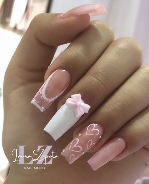 Nails With 16 On Them, Nail Designs With A J, Coquette Valentines Nails, Uñas Coquette, Spring Nail Designs, Gel Nails Diy, Simple Gel Nails, Grunge Nails, Girly Acrylic Nails