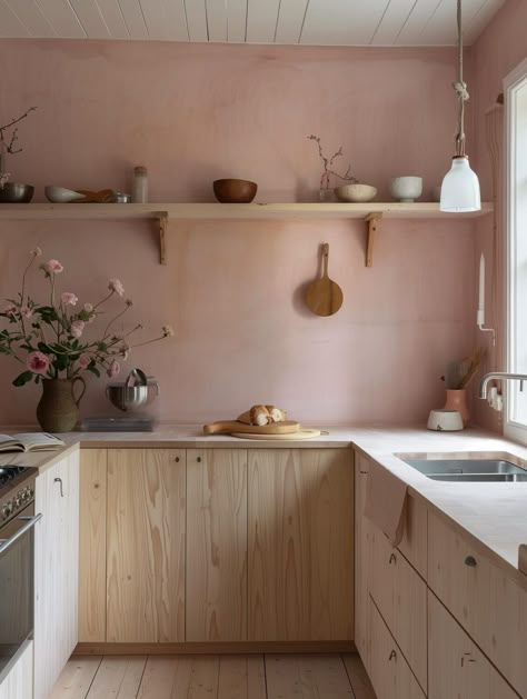 Sherwin-Williams Color of the Year 2023: Redend Point 32 Different Kitchen Colors, Beautiful Kitchen Colors, Dusty Pink Cabinets, Dusty Rose Kitchen Walls, Rose Pink Kitchen, Plaster Pink Kitchen, Non Kitchen Kitchens, Kitchen Against One Wall, Pink Wood Kitchen