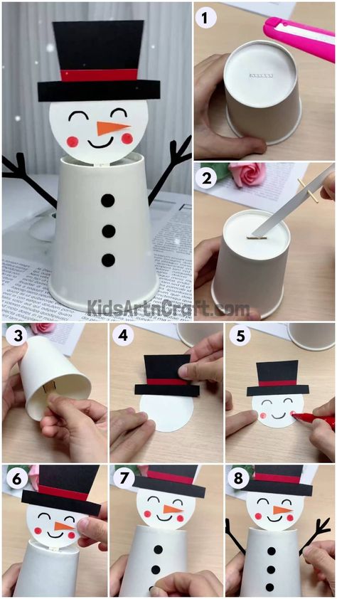 DIY Snowman Paper Cup Craft Tutorial For Kids - Kids Art & Craft Paper Cup Snowman Crafts, Snowman Cup Craft, Paper Cup Snowman, Paper Cup Art, Paper Cup Crafts For Kids, Snowman Crafts Preschool, Christmas Gift Videos, 1st Grade Crafts, Easy Christmas Drawings