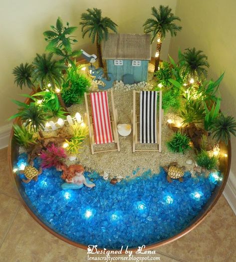 Lena's Creations: Beach Fairy Garden Beach Fairy Garden Ideas, Indoor Fairy Garden Ideas, Miniature Garden Ideas, Miniature Beach Scene, Beach Terrarium, Beach Fairy Garden, Fairies Garden, Fairy Garden Ideas, Indoor House Plants