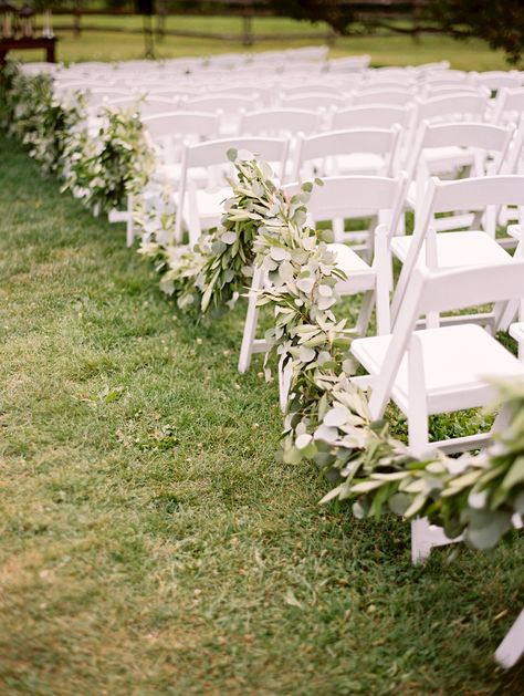 Eucalyptus and olive tree garland Rose And Sage Wedding, Olive Leaf Garland, Green Wedding Theme Ideas, Aisle Chair Decor, Olive Grove Wedding, Eucalyptus Garland Wedding, Outdoor Wedding Ceremony Aisle, Wedding Church Aisle, Appetizer Table