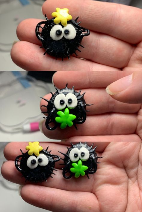 Soot Sprite Clay Earrings, Totoro Clay Earrings, Polymer Clay Soot Sprite, Clay Soot Sprite, Ghibli Polymer Clay, Ghibli Clay Art, Studio Ghibli Clay Art, Clay Totoro, Ghibli Clay