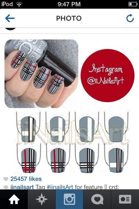 60 Easy Nail Art Tutorials Step By Step Nail Stripes, Burberry Nails, Argyle Nails, Plaid Nail Art, Unghie Nail Art, School Skirt, Lovely Nails, Plaid Nails, Finger Nails