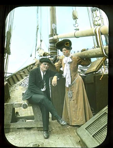 magic lantern slide of Jack London and his wife Charmian aboard the Snark Jack London Wolf House, On The Road Jack Kerouac Aesthetic, James Whale Director, An American Werewolf In London Art, Magic Lantern Slides, 1920 London Movie, Subtractive Color, Magic Lantern, Swinging London