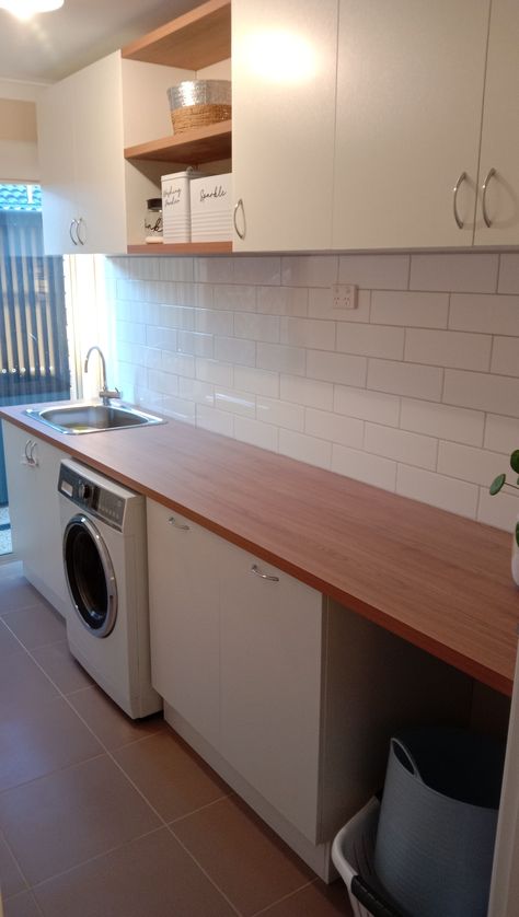 Laundry reno (Iso project) | Bunnings Workshop Community Vj Panelling Laundry, Bunnings Laundry Ideas, Vj Panel Laundry, Laundry Timber Benchtop, Art Deco Kitchen Ideas, Bunnings Diy, Bunnings Bathroom, Bunnings Laundry, Toilet Roll Holder Shelf