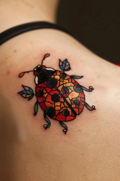 Creative Traditional Tattoo, Lady Butterfly Tattoo, Beetle Leg Tattoo, Maximalist Tattoo, Stained Glass Butterfly Tattoo, Full Color Tattoo Design, Love Bug Tattoo, Cool Sleeve Tattoos, Ladybug Tattoos