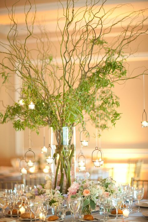 Vine Centerpieces with Hanging Votive Candles Vine Centerpieces, Oheka Castle Wedding, Tree Branch Centerpieces, Branch Centerpieces Wedding, Branch Centerpieces, Oheka Castle, Tall Centerpieces, Hanging Candles, Castle Wedding