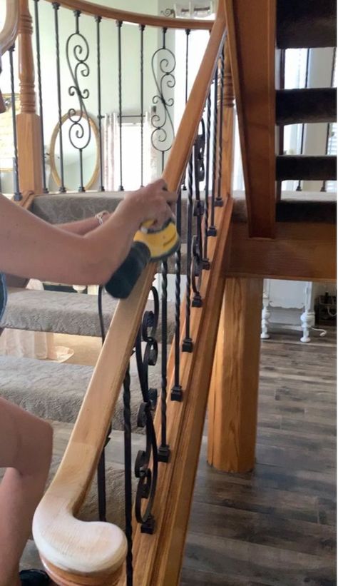 If you’re looking to update that 80s eyesore honey oak staircase, you’ve come to the right place for inspiration. This was a true labor of love and worth every minute spent updating our staircase.    When we moved into our home, over 17 years ago, I fell in love with the shape of the staircase but hated the 80’s honey oak finish. I knew that one day I would take on the project of updating it but didn’t know that it would be 17 years later. Actually, about seven years ago, we made a sl… Honey Oak Staircase, Mid Century Media Cabinet, Tall Foyer, Oak Staircase, Oak Stairs, Staircase Makeover, Makeover Before And After, Floor Remodel, The Staircase