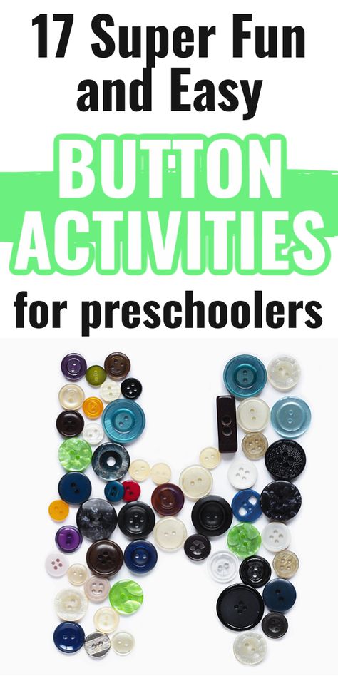 Do you have a big jar of buttons lying around your house? Kids love to play with buttons, so why not give them some button crafts to spend their time with! Here are 17 super fun and incredibly easy button activities for preschoolers to enjoy! button activities for toddlers | button activity for kids | button activity for preschool | Button Craft Preschool, Buttons Preschool Activities, Buttoning Activities For Kids, Preschool Button Activities, Bead Activities For Preschoolers, Crafts With Buttons For Kids, Button Activities For Preschool, Button Activity, Button Activities