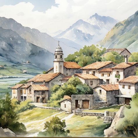 "\"Mountain Haven\" In this captivating watercolor painting titled \"Mountain Haven,\" the painting transports viewers to a picturesque village nestled among majestic mountains. The scene unfolds with the village perched on the slopes, surrounded by towering peaks and lush greenery. Soft, sweeping brushstrokes convey a sense of tranquility and serenity. The color palette is rich and varied, with earthy tones dominating the landscape. The artist uses shades of greens, browns, and grays to portray the natural elements of the mountains, while the village itself is a charming array of warm hues. Rustic houses with sloping roofs dot the mountainside, exuding a timeless charm. A winding path or cobblestone streets lead through the village, inviting exploration. Wisps of smoke rise gently from ch Watercolor Landscape Paintings Village, Watercolor Village, Village Drawing, Rustic Houses, Village Painting, Village Landscape, Watercolor Art Journal, Village Scene, Majestic Mountains