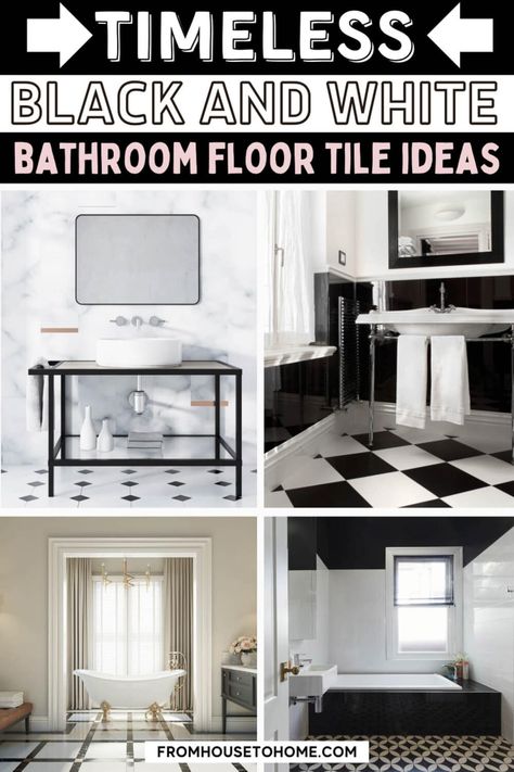 Timeless Black and White Bathroom Floor Tile Ideas | Interior Designing Bathroom Black White Tile, Modern Black And White Bathroom Tile, Bathroom With Black And White Tile, Black And Cream Bathroom Ideas, Small Bathroom Ideas Black And White, Black And White Floor Tile Bathroom, Black White Bathroom Floor, Bathroom Black And White Floor, Black And White Tile Bathroom Vintage