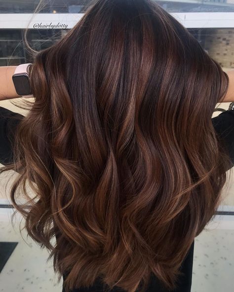 Dark Brown Hair With Honey Brown Highlights, Hair For Deep Autumn, Brown Autumn Hair, Brown Hair 2024 Trends, Work Appropriate Hair Color, Mohagany Brown Hair, Hair Colour For Curly Hair, Dark Chocolate Hair Color, Dark Chocolate Hair