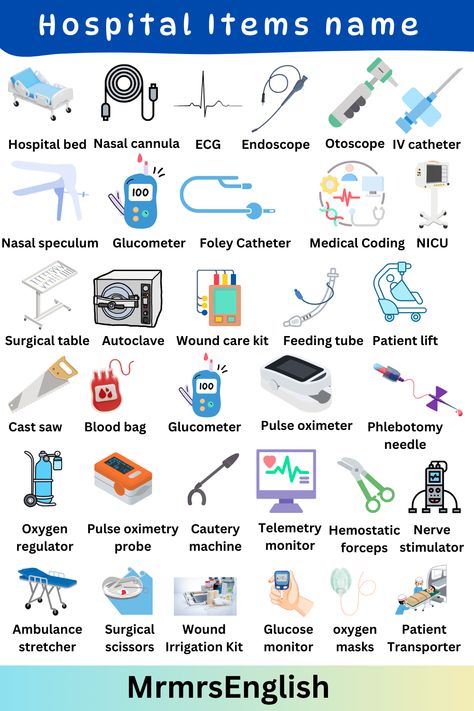 Hospital Vocabulary Learning English, Hospital Words In English, English Medical Vocabulary, Medical Words In English, Nursing Vocabulary, Nurse Vocabulary, Hospital Vocabulary, Hospital Tools, Tools Vocabulary