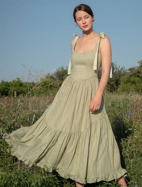 A truly special dress.  With rich ribbon tie straps, a corset bodice, and sweeping ruffle hem the Mirabelle Dress is dramatic, romantic beauty at its best and one of our most popular styles.  Made in a lightweight linen with a sateen finish that gives the linen a subtle dressy luster. A showstopper of a dress made for special moments, celebrations, or romantic getaways. Aesthetic Dress Outfit Classy, Linen Bridesmaids Dresses, 2024 Summer Fashion, Linen Dress Ideas, Linen Bridesmaid Dress, Granny Clothes, Aesthetic Dress Outfit, Rustic Dress, Garden Dresses