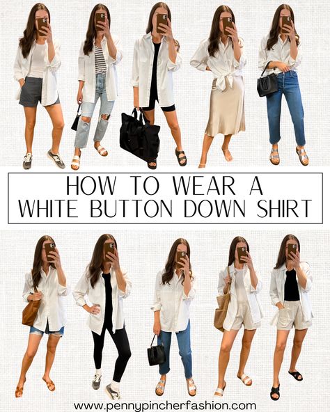 Classic Everyday Button-up Dress Shirt, Neutral Button-up Shirt For Day Out, White Button-up Dress Shirt For Work, Neutral Button-up Blouse For Day Out, White Button-up Shirt Dress For Date Night, White Button Down Outfit, Silk Slip Skirt, Button Down Outfit, Penny Pincher Fashion