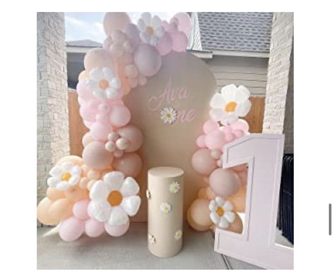 Balloon Arch Around Backdrop, Daisy Flower 1st Birthday Theme, Daisies Party Theme, Daisy Flower Birthday Party Ideas, Daisy Party Theme 1st Birthdays, Daisy First Birthday Theme, Daisy Birthday Theme, Daisy Birthday Party Ideas, Daisy 1st Birthday Party