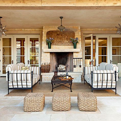 Play up patterns to add excitement to an outdoor space. More ideas for outdoor furniture: http://www.bhg.com/home-improvement/porch/outdoor-rooms/outdoor-furniture-and-fabric-ideas/?socsrc=bhgpin041413strippedpatiofurniture=9 Living Pool, Decorating Diy, Fabric Ideas, Outside Living, Back Patio, Furniture Outdoor, Porch Patio, Outdoor Fireplace, Outdoor Oasis