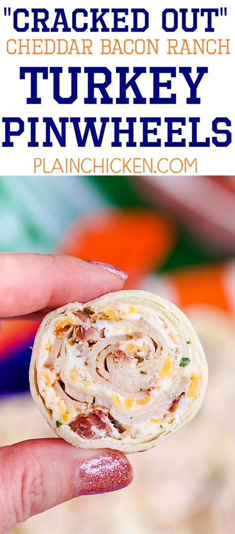 Cracked Out Turkey Pinwheels - I am ADDICTED to these sandwiches! Cream cheese, cheddar, bacon, Ranch and turkey wrapped in a tortilla. Can make ahead of time and refrigerate until ready to eat. Perfect for parties and tailgating!! Turkey Bacon Ranch Pinwheels, Make Ahead Camping Food, Bacon Ranch Pinwheels, Turkey Bacon Ranch, Ranch Pinwheels, Turkey Pinwheels, Football Friday, Cracked Out, Tortilla Pinwheels