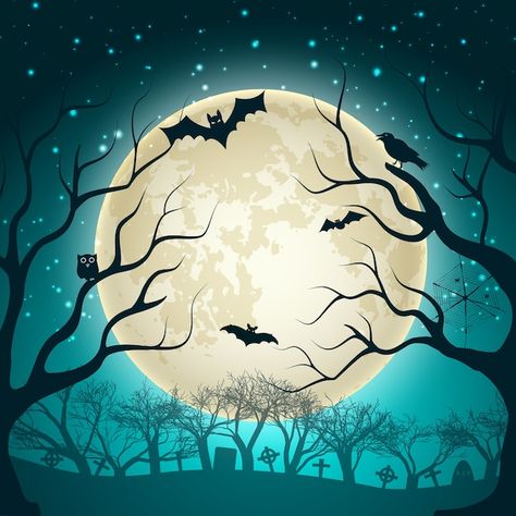 Free vector halloween illustration with ... | Free Vector #Freepik #freevector #bat #cemetery #spooky #dead Halloween Party Poster, Witch Silhouette, Image Halloween, Halloween Backdrop, Muslin Backdrops, Night Background, Halloween Greetings, Magic Forest, Moon Illustration