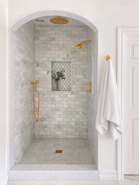 As you can see  creating an effective scheme isn't quite as simple as it seems. There are numerous options  but it will require a significant amount of thought and creativity to find the right combinations. Shower No Glass Door, Bathrooms With Marble Tile, Bathroom With Arches, Marble Style Bathroom, French Country Shower Tile, Arch In Bathroom, Marble Tile Shower Ideas, Bathroom With Stand Up Shower Only, Small Marble Tile Bathroom