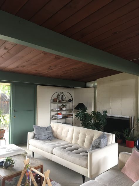 Green accents with white walls, wood ceilings Green Wall With Wood Panels, Green Walls And Ceiling, Stained Accent Wall, Green Ceiling, Dark Green Living Room, Exposed Beams Ceiling, Unit 01, Golf Room, Restaurant Outdoor