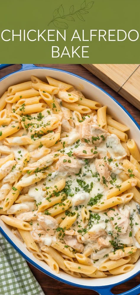 Creamy, cheesy, and comforting! This Chicken Alfredo Bake combines tender chicken, pasta, and a rich alfredo sauce for the ultimate baked dish. Pasta With Chicken And White Sauce, Chicken Alfredo For 2, Chicken Alfredo Bowtie Pasta, Baked Chicken Fettuccine Alfredo Recipe, Oven Baked Chicken Alfredo, Chicken Alfredo For A Crowd, Baked Alfredo Pasta, Chicken Alfredo Pasta Recipes, Alfredo Chicken Bake