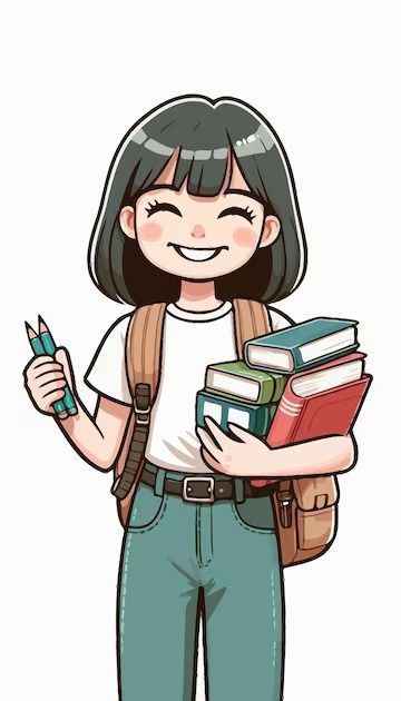 Person Drawing Cartoon, Girl Studying Drawing, Cartoon Person Drawing, Girl With Books Drawing, Girl Drawing Cartoon, English Drawing, Vector Girl, Holding A Book, Student Cartoon