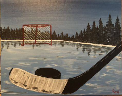 Hockey Man Cave, Hockey Drawing, Pond Hockey, Hockey Crafts, Hockey Nets, Hockey Girlfriend, Lucas Arts, Paint Parties, Inspiration Painting