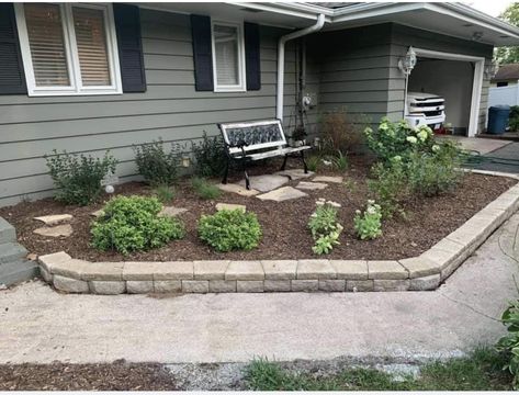 Landscape Ideas With Bench, Flower Bed Seating Area, Front Yard Sitting Area With Pavers, Bench In Front Of House Landscaping, Small Front Yard Sitting Area Ideas, Front Yard Landscaping With Seating Area, Front Yard Sitting Area Ideas Diy, Front Yard Seating Area No Porch, Front Yard Seating Area Ideas